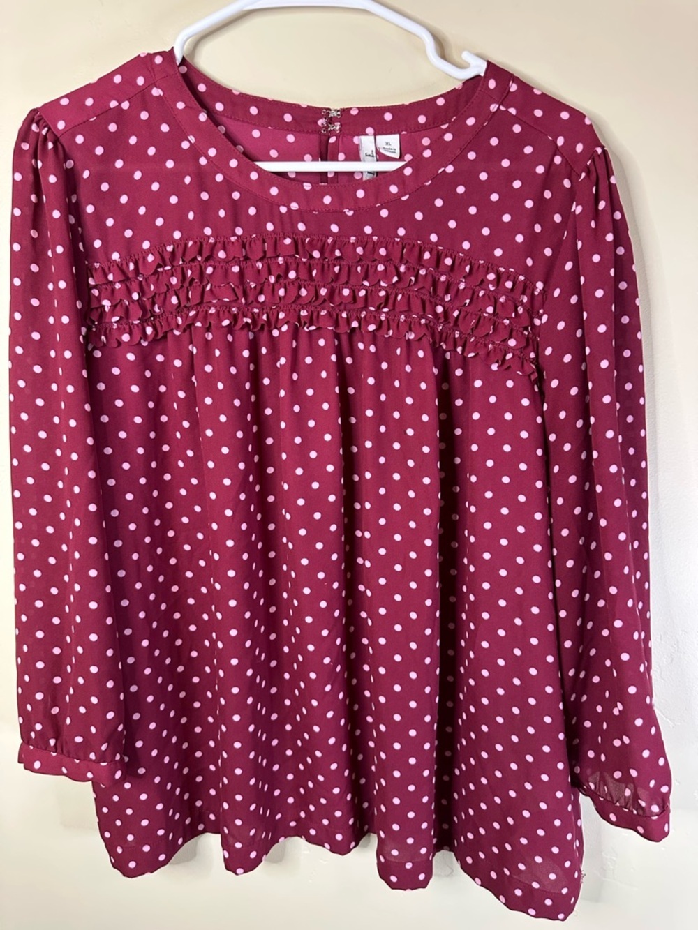 Elle Women’s XL Maroon Polka Dot Blouse • Long Sleeve Workwear Top